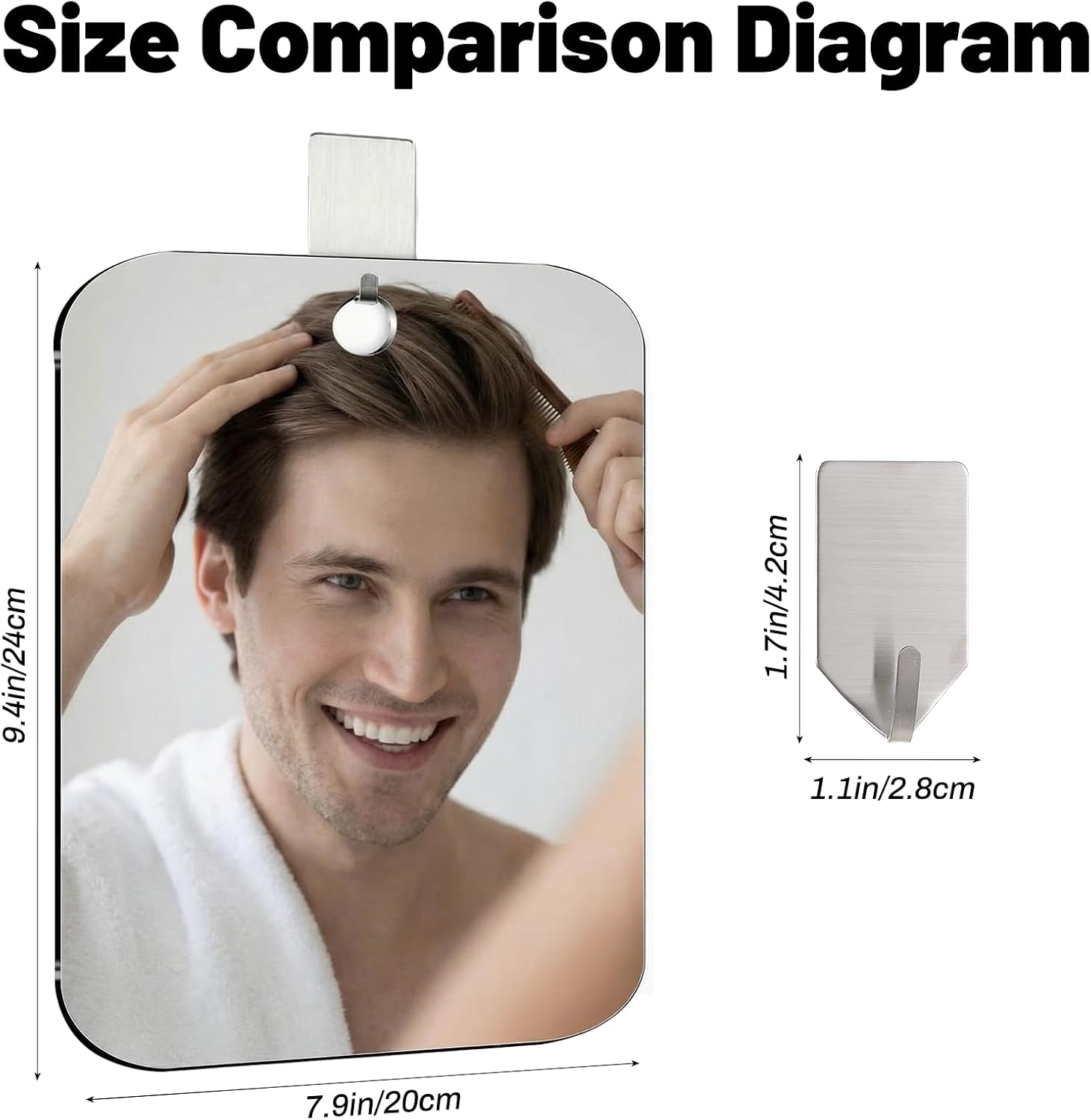 Shower Mirror Fogless for Shaving, 8 x 9.4 Inch Anti-Fog Wall Hanging Mirror with Adhesive Hook Shatterproof Fog Free Makeup Mirrors Acrylic Fogless Shower Mirrors for Bathroom Men Women