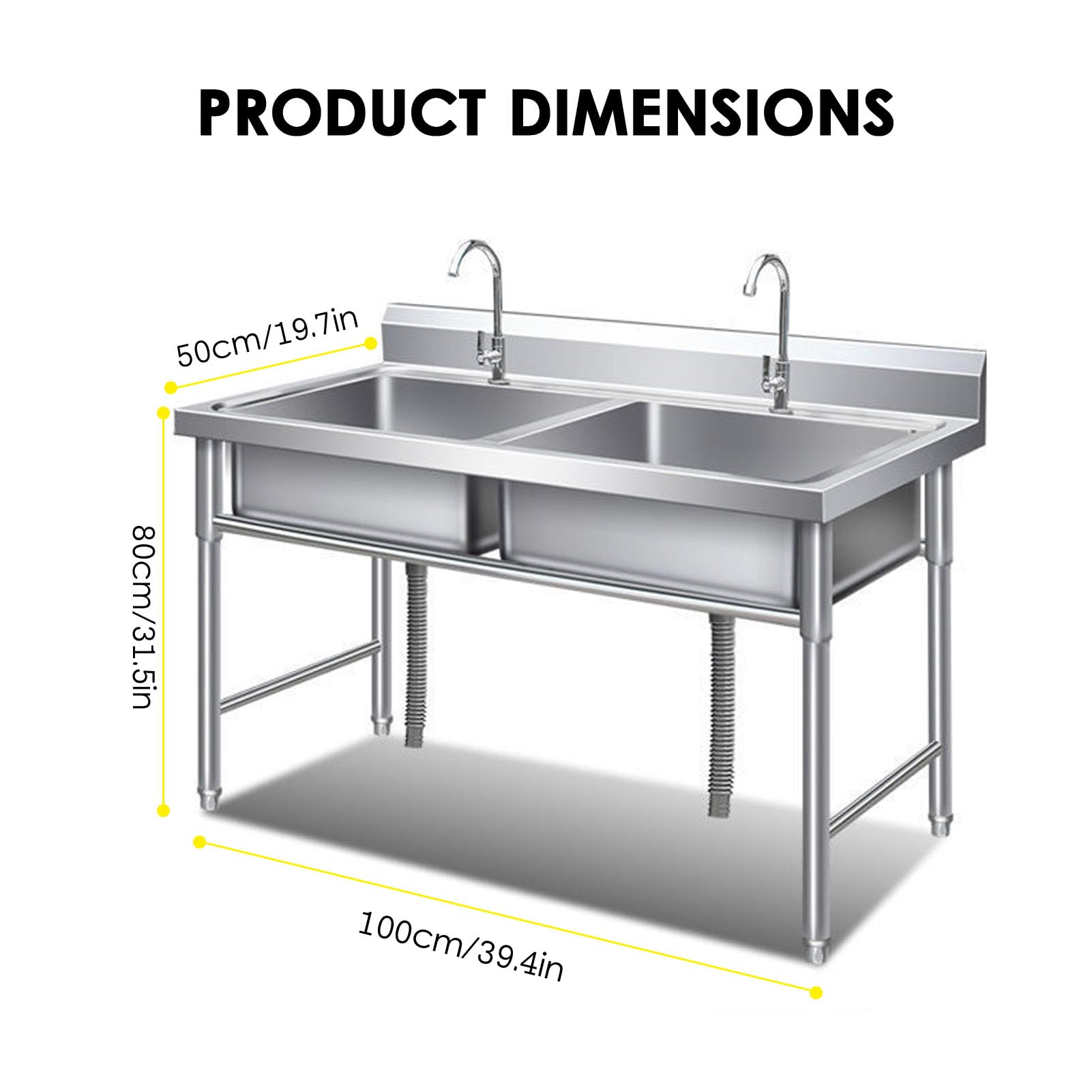 Lavello Autoportante in Acciaio Inox 2 Vasche, Lavandino da Esterno con Filtro per Rifiuti, Kit di Scarico, Lavello Professionale per Cucina, Garage, Lavanderia, Ristorante