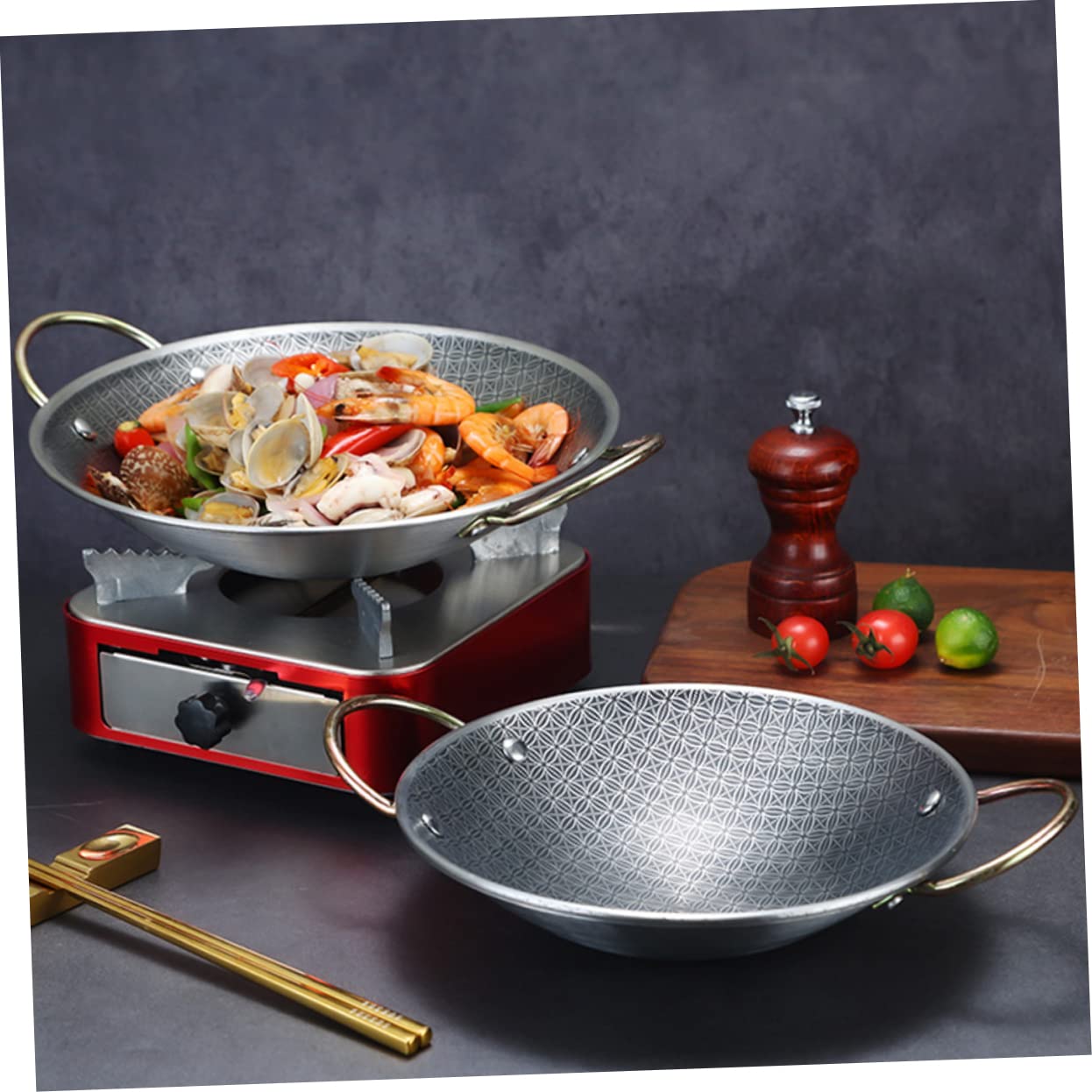 DECHOUS Padella Paella in Acciaio Inox Doppio Manico, Vaschetta | Resistente All'usura, Facile Pulire e Appendere, Adatta per Cucina Domestica e Locale Hot Pot