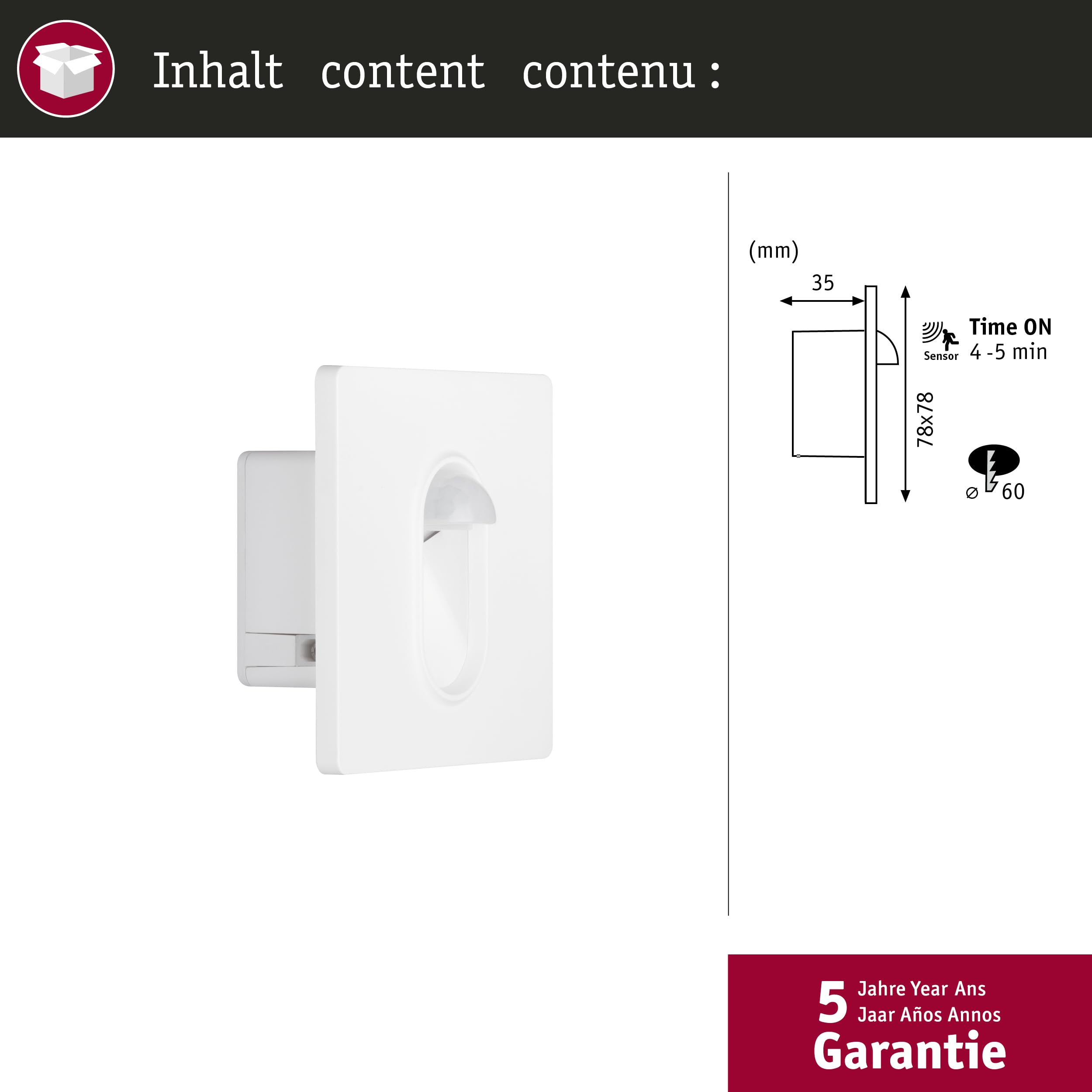 Paulmann spots encastrés LED encastré mural carré 2,7W Blanc 2700K plastique