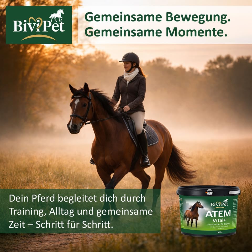 Atem Vital+ für Pferde – bei Husten & Belastung – 1,3 kg – mit natürlichem Eukalyptol & 12 Vitaminen – Atemwege & Bronchien Unterstützung – inkl. Dosierlöffel & Eimer mit Henkel