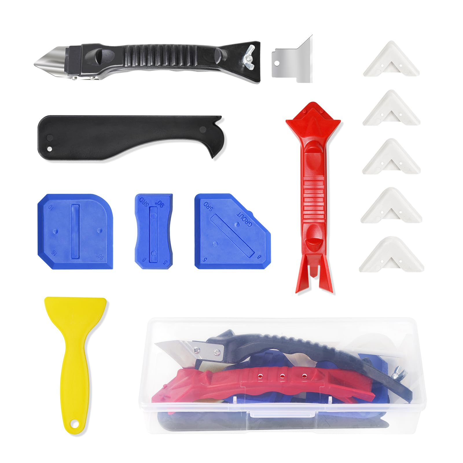 WRTFO Stainless Silicone Caulking Tools Kit,Set of 13pcs Sealant Finishing Tool Grout Scraper,Putty Knives,5 Silicone Pads,Sink Joint Caulk Remover