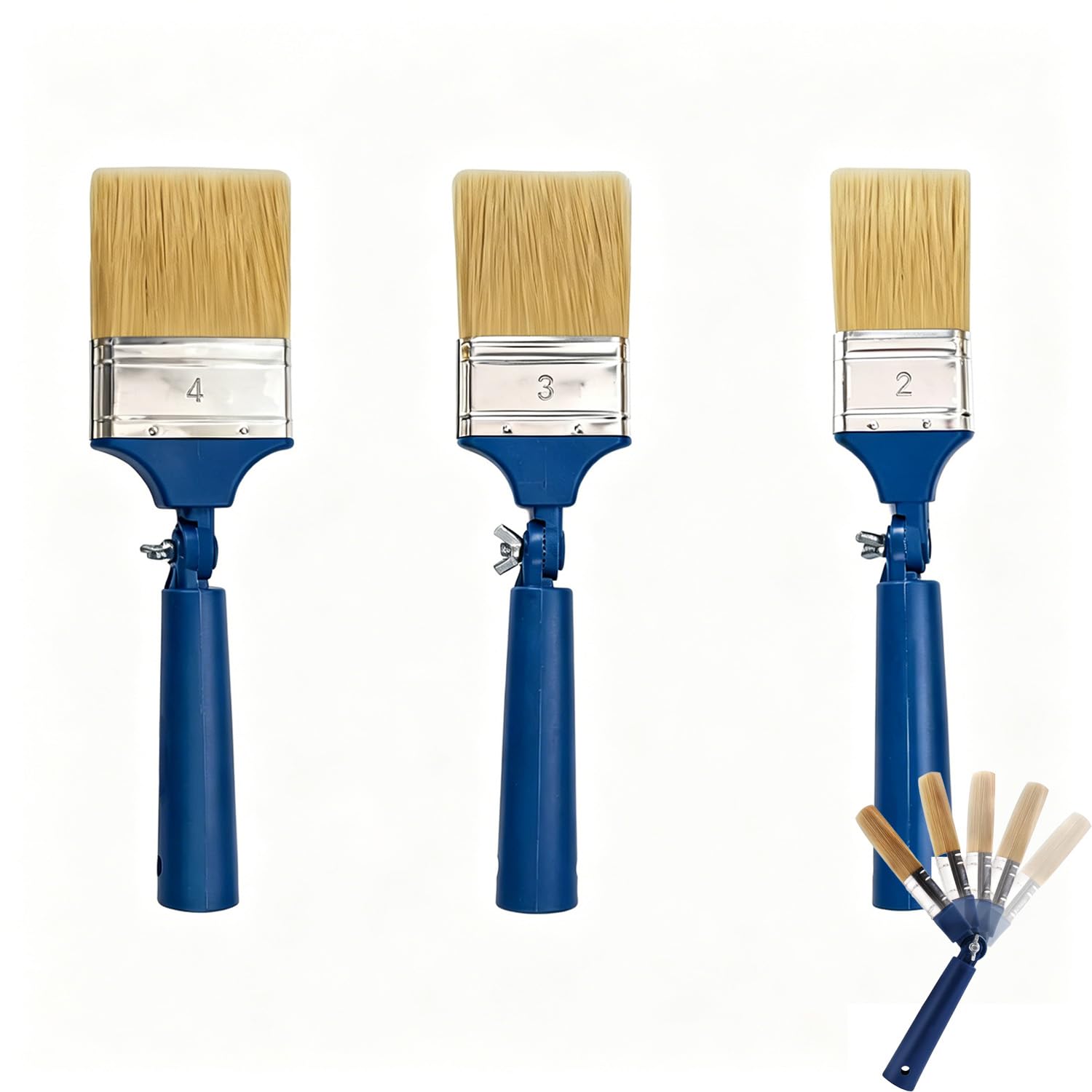 Extendable Hog Bristle Paint Brushes 3 Pack, Multi-Angle Adjustable Long Handle Paint Brush Set 2/3/4 Inch, Professional Natural Bristle Brushes for Walls Ceilings Fence Deck Varnish Stain