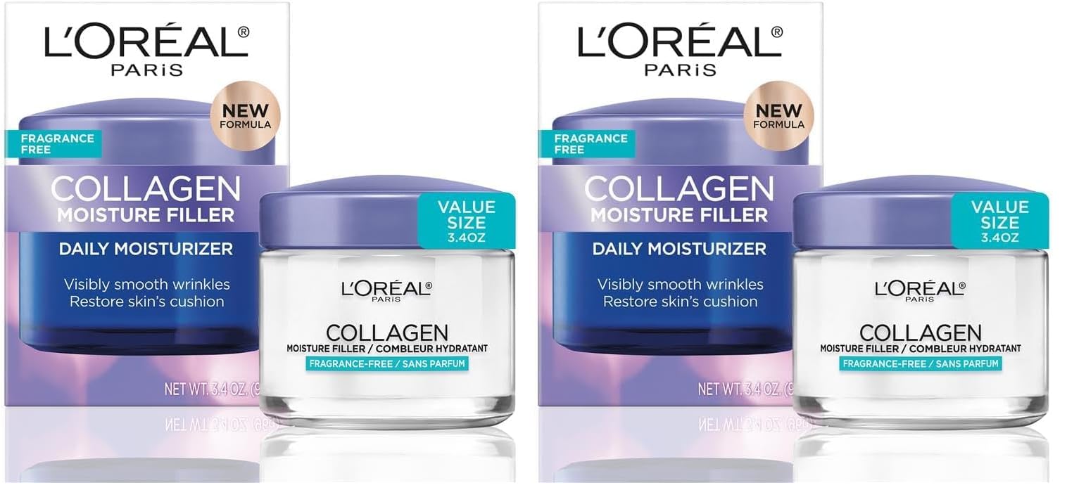 L'Oreal Paris Collagen Moisture Filler Face Cream, Anti-Aging Face Moisturizer, Non-Greasy Fragrance Free Skin Care Formula For Up to 48HR Hydration, 3.4 Oz, (Pack of 2) Unscented 3.4 Ounce (Pack of 2)
