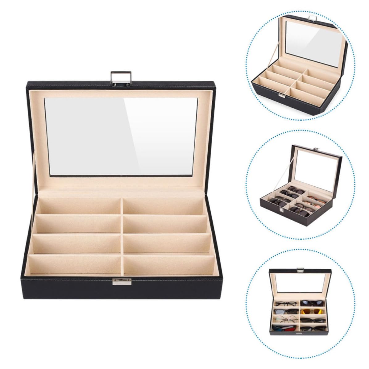 Yardwe Étui pour Lunettes et Montres en Pu Noir, Boîte à Lunettes et Montres, Rangement et Protection, pour Bijoux, Table de Toilette, Usage Personnel