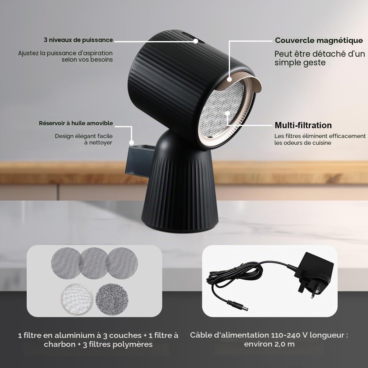 Hotte Aspirante Portable 180 m³/h, 3 Vitesses, Mode Recyclage avec Filtre à Charbon