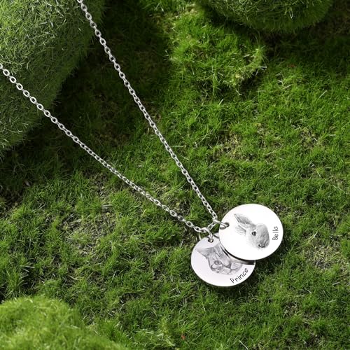MeMeDIY Personalisierte Hund Katze Katze Haustier Halskette für Frauen Männer Graviertes Porträt Skizzieren Foto Name Edelstahl Anhänger Haustier Erinnerung Geschenke - A1 Silber