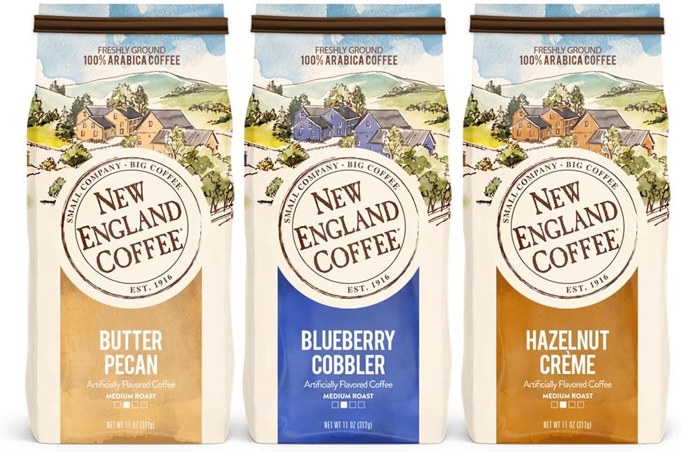 New England Coffee Variety Pack - Butter Pecan/Blueberry Cobbler/Hazelnut Creme, 11oz Bag (Pack of 3)