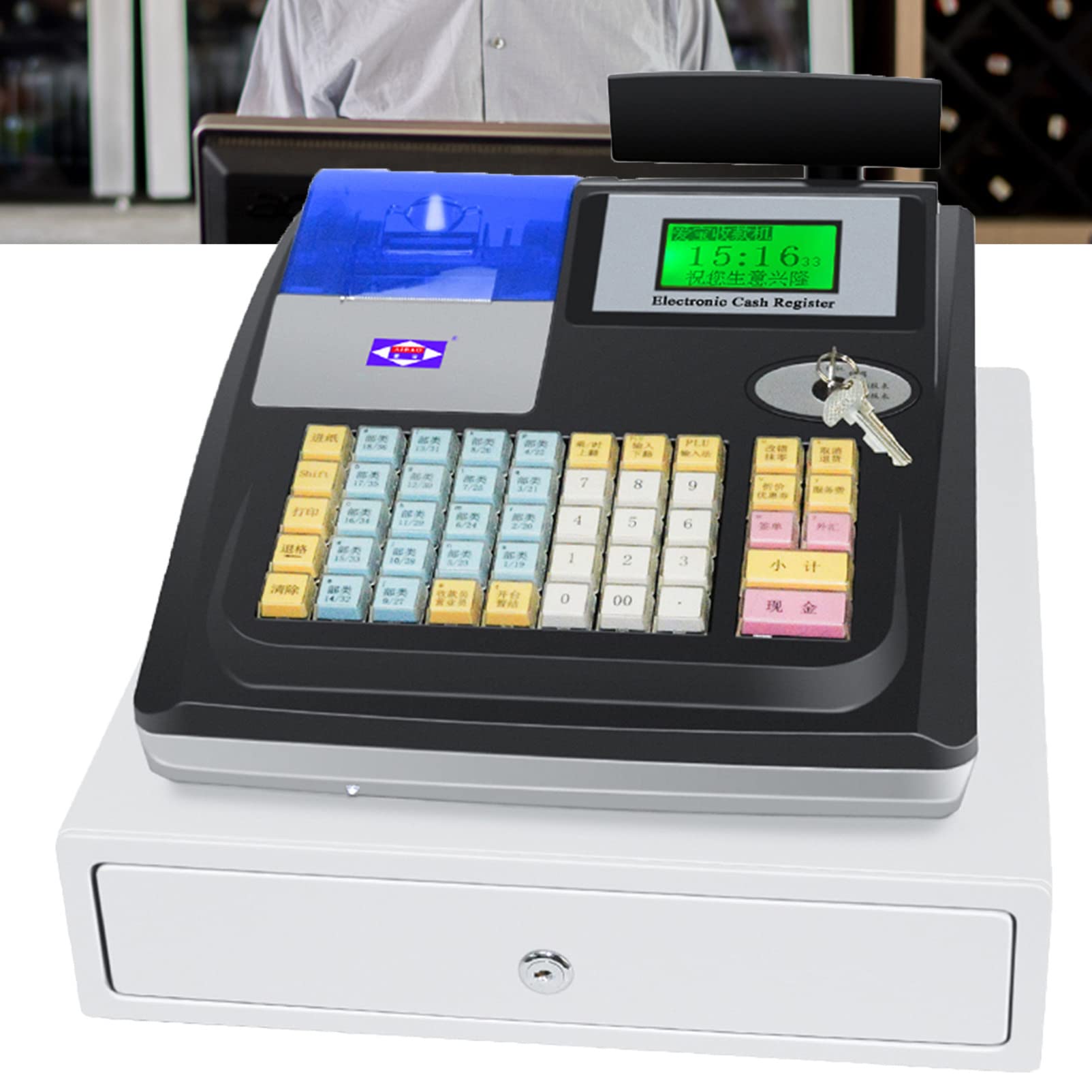 Registrierkasse mit 48 Tasten, Flacher Tastatur und Thermodrucker, 8 Digitale LED-Gewerbekasse, Ideal für den Einzelhandel oder das Gastgewerbe,Black