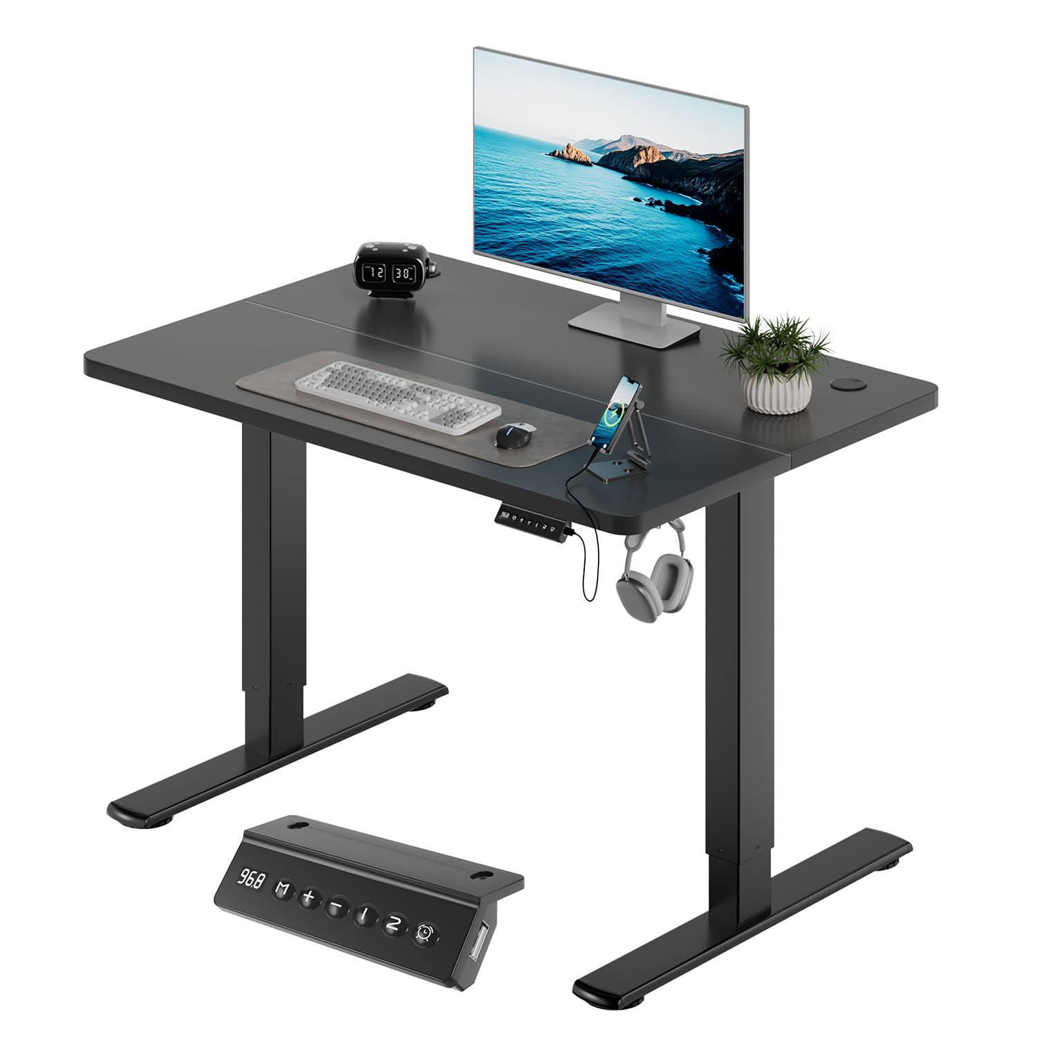 JUMMICO Höhenverstellbarer Elektrischer Schreibtisch 100 x 60 cm mit USB Ladeanschluss, Schreibtisch Höhenverstellbar, Ergonomischer Steh-Sitz Tisch Schwarz