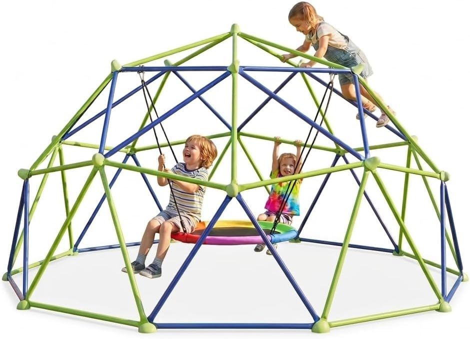 TABU 10FT Climbing Dome with Saucer Swing, Outdoor Dome Climber Supports 1000LBS, Rust-Resistant Jungle Gym Playground for Backyard & Patio, Easy Asssembly, for Ages 3-10