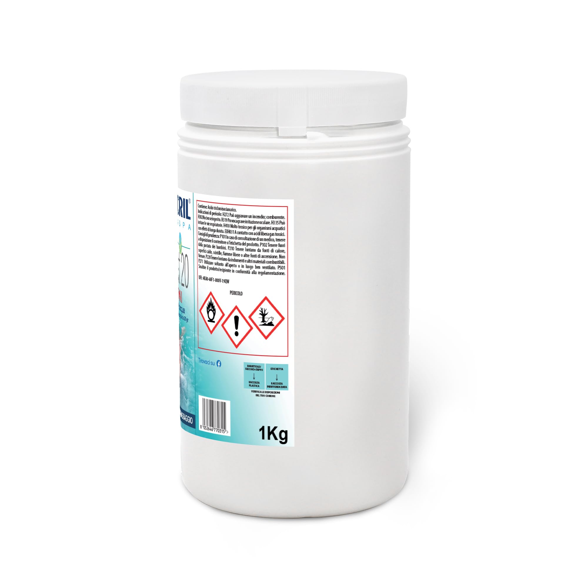 Metacril Chlor Net 20 4 Actions + Distributeur Flottant avec Thermomètre, Chlore Multi-Action, en tablettes de 20 g, pour Piscine et Spa - 1 KG