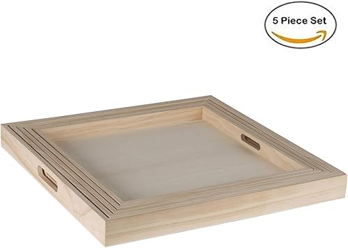 Miniatura 5 de Hammont Bandejas cuadradas de madera, bandejas anidadas de cinco piezas, madera maciza marrón rústica, juego de 5 (16 x 16 x 1.5 pulgadas, 15.3 x