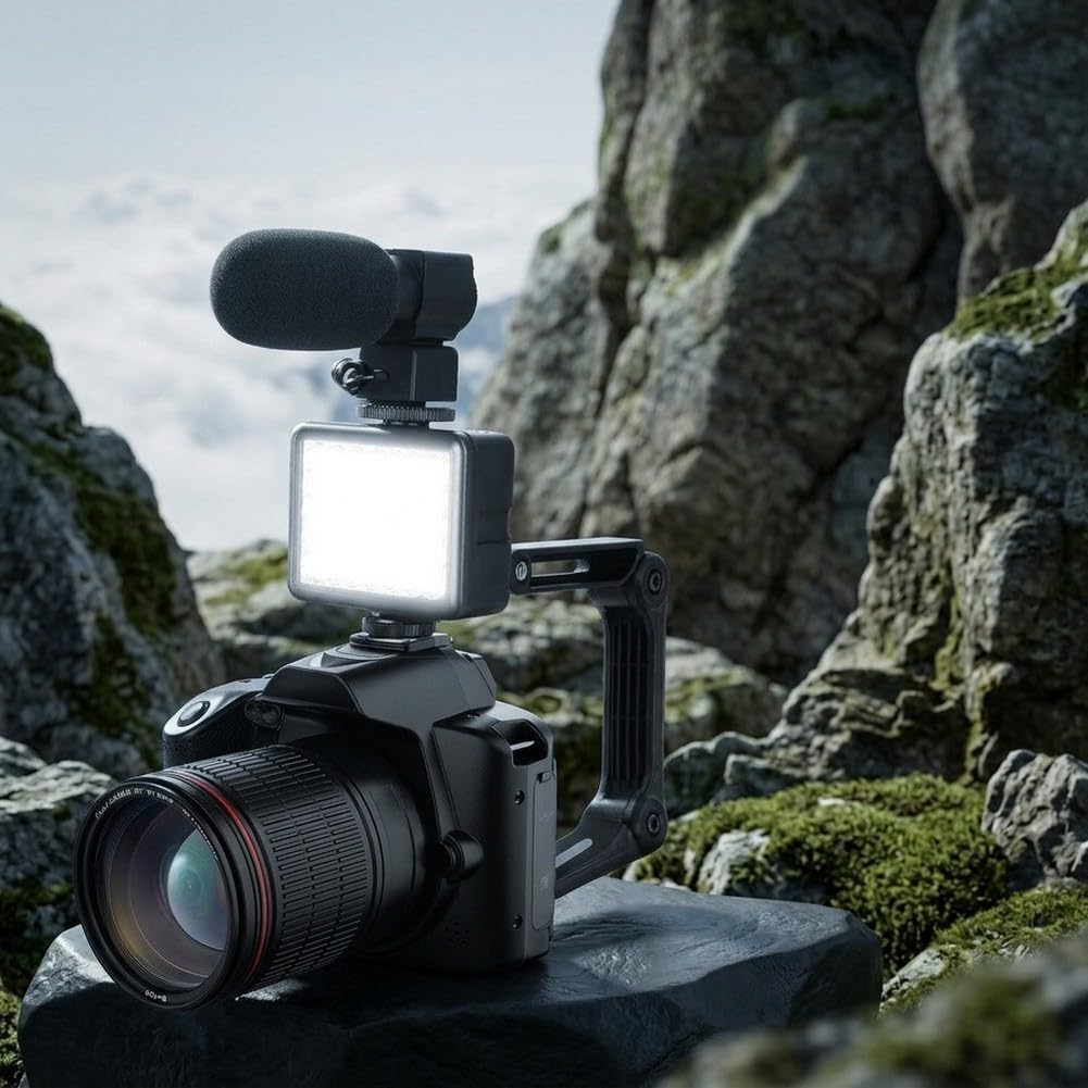 Fotocamera a doppio obiettivo 64MP 4K con zoom ottico 16x (nero) | WiFi per visione notturna per videocamera, DSLR Style Video Recorder con per stabilizzatore, microfono esterno e kit luce