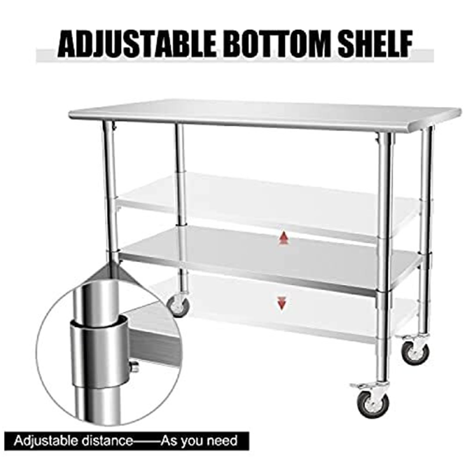 Tavolo da lavoro in acciaio inox con ruote bloccabili e ripiano inferiore, 121 x 61 cm, multifunzionale, per cucina/sala da pranzo, per uso domestico e ristorante, facile da spostare e versatile