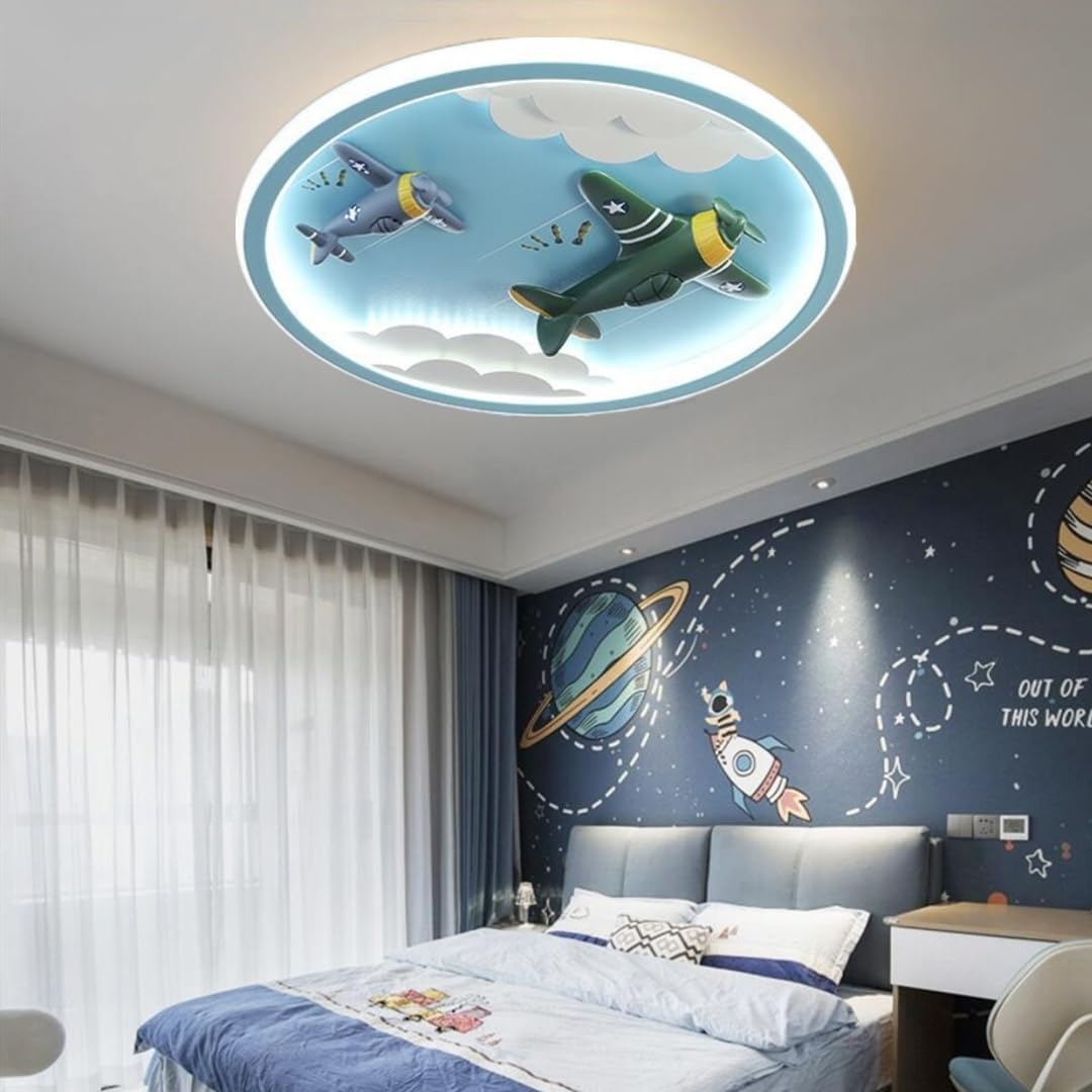 Lampa sufitowa LED dla dzieci kreskówka niebieski design samolot żyrandol 72 W ściemnialne lampy sufitowe dla dzieci 50 cm chłopiec sypialnia salon oświetlenie wewnętrzne oprawy oświetleniowe