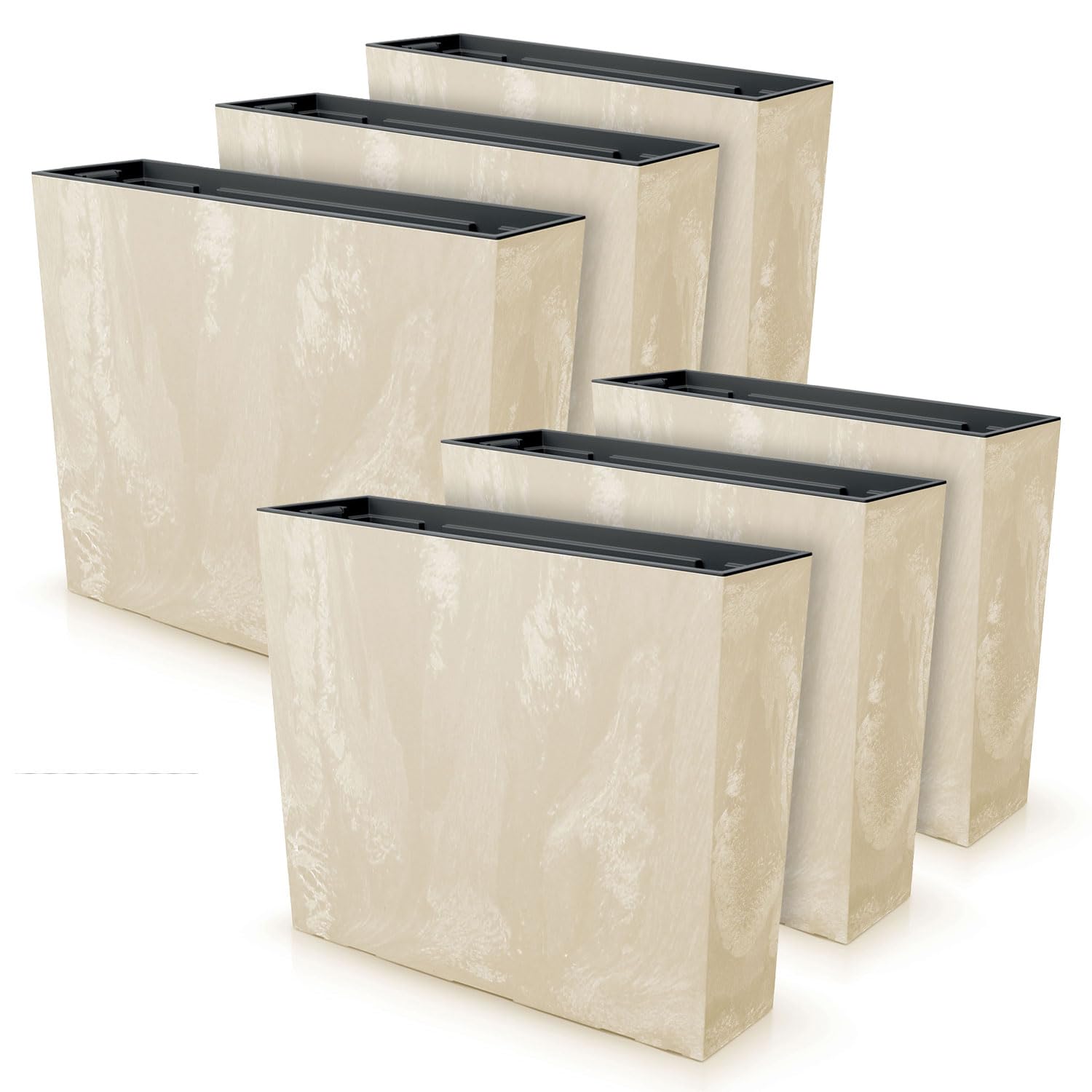 IMJ-Global Juego de 6 macetas rectangulares para flores y plantas Urbi Case Beton Effect, de plástico, 58 x 18 x 49,8 cm, para interior y exterior, crema, 44 litros, diseño moderno