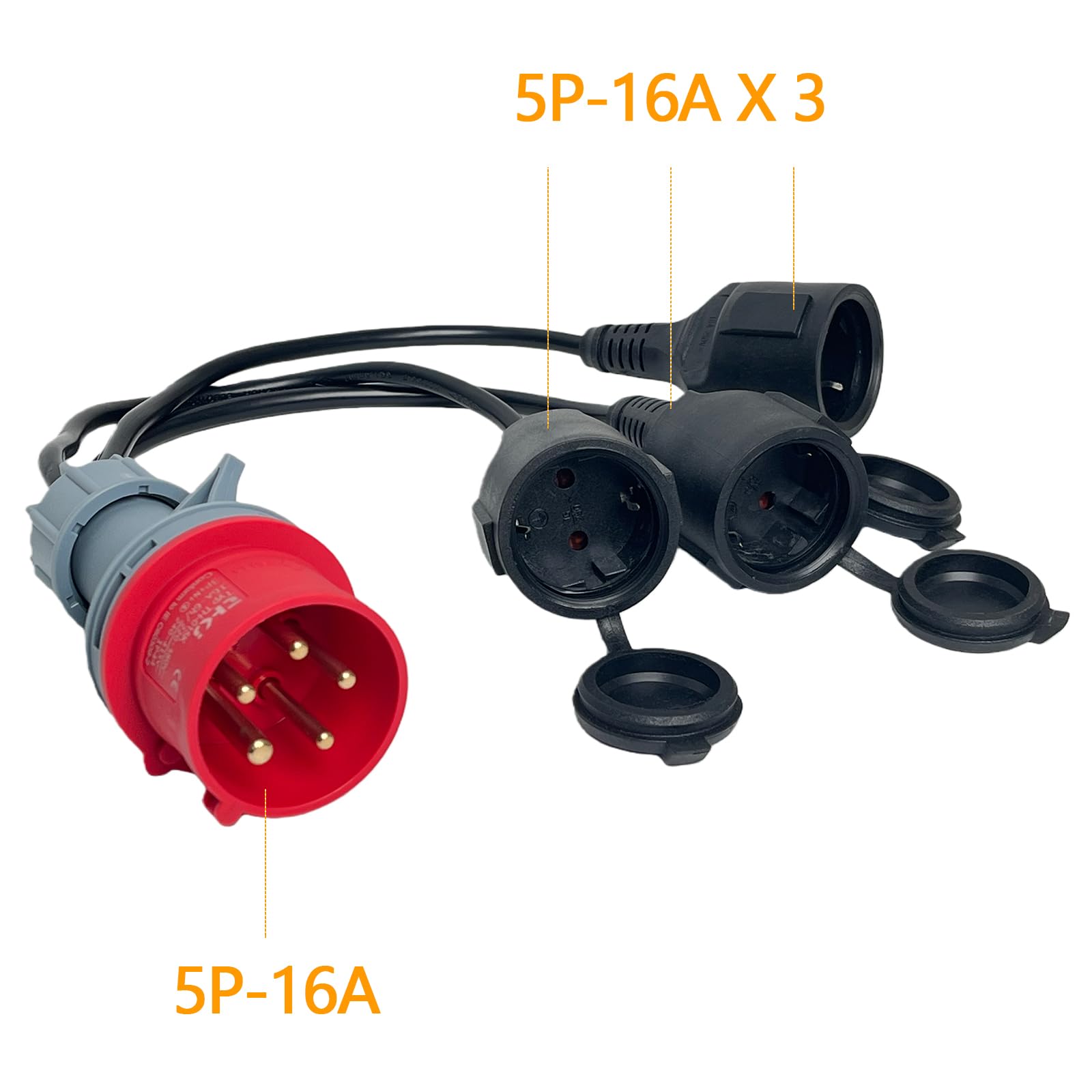 CEE Adaptateur Répartiteur Courant Fort 400V 16A Fiche Vers 3 x 230V Câble D'extensio Câble Camping avec Couvercle Rabattable Prise Terre IP44 Caravane Industrie Utilisation