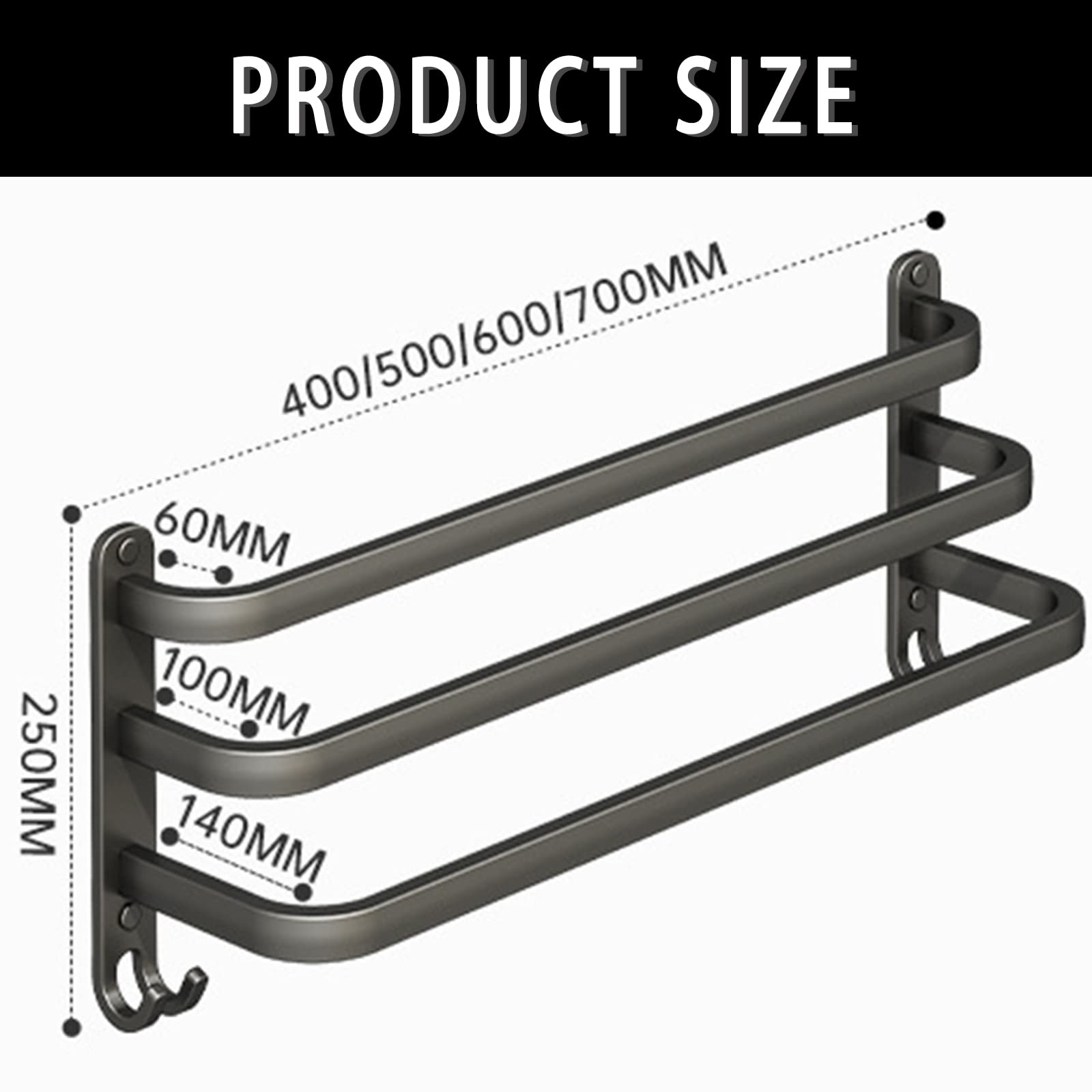 Portasciugamani da parete a 3 ripiani, senza trapano, in alluminio, con 2 ganci, mensola salvaspazio per cucina e hotel, design elegante bianco, 60 cm