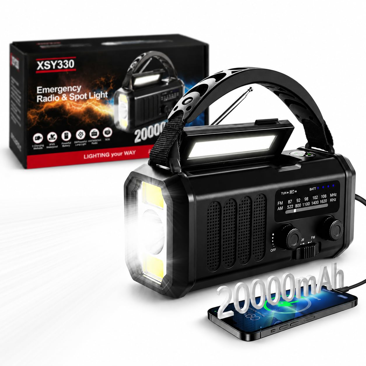 Radio de Emergencia Portátil 20000 mAh, Alarma SOS, Radio FM/Am con lámpara de Lectura, brújula,generador de manivela y Carga Solar, para Exteriores, Carga de Emergencia para Smartphones (Black)