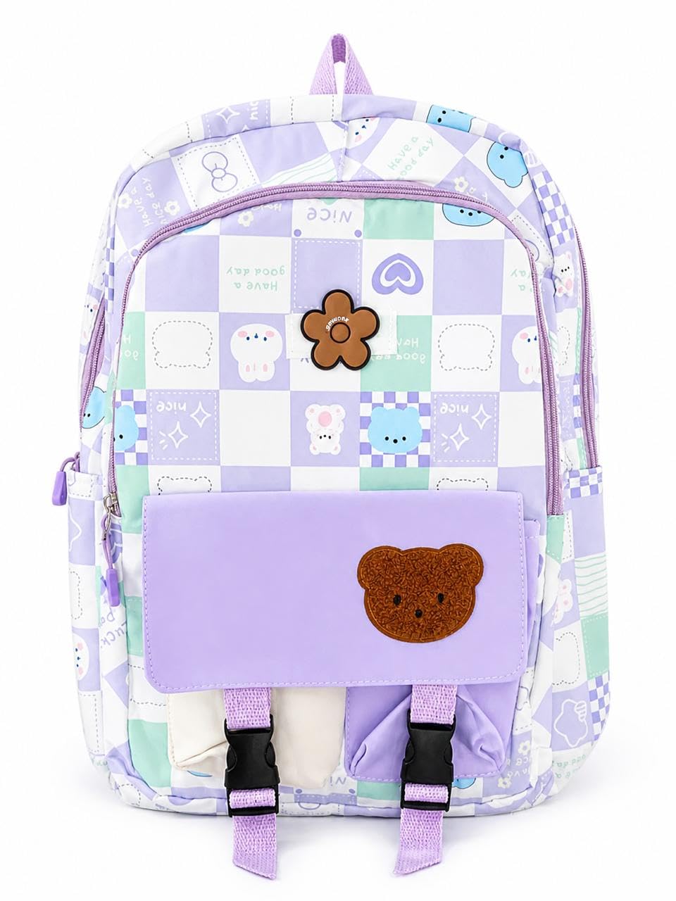 Korean Kawaii Backpack for Teen Girls Lavender Checkerboard Printed Imported School College Bag Bear Patch Flower Badge Water Resistant Lightweight Rucksack Korean Kawaii Backpack for Teen Girls Lavender Checkerboard Printed Imported School College Bag Bear Patch Flower Badge Water Resistant Lightweight Rucksack