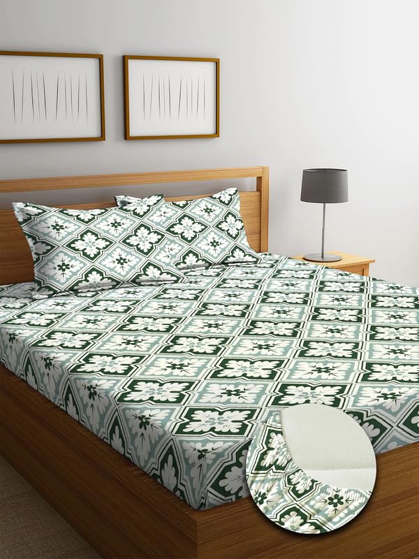 Image of NHD HOME Premium Cotton 220 TC Elastic Fitted Bedsheets with 2 Pillow Covers | Double /King Bed with All Around Elastic Wrinklefree Supersoft Breathable |Size-78 x72+10 inches | Green & White