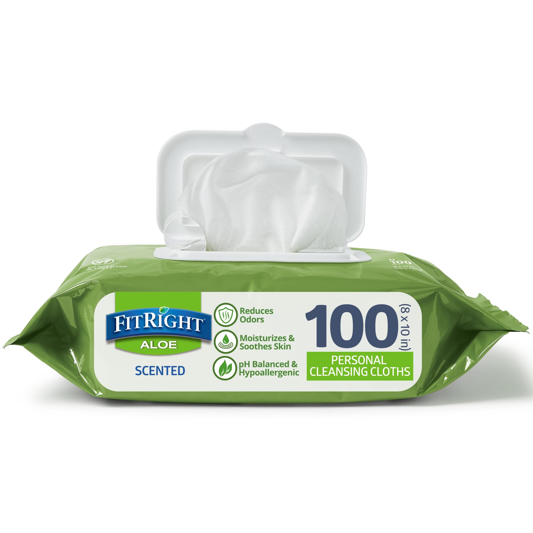 Medline FitRight Aloe Personal Wipes, 8 x 10 Inches, Scented, Soft Pack with Flip Top Lid, Pack of 100