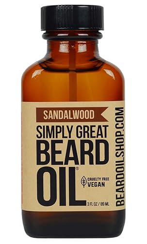 Simply Great Beard Oil - Aceite de barba perfumado SANDALWOOD - Acondicionador de barba de 3 onzas fácil aplicador - Natural - Cuidado vegano y