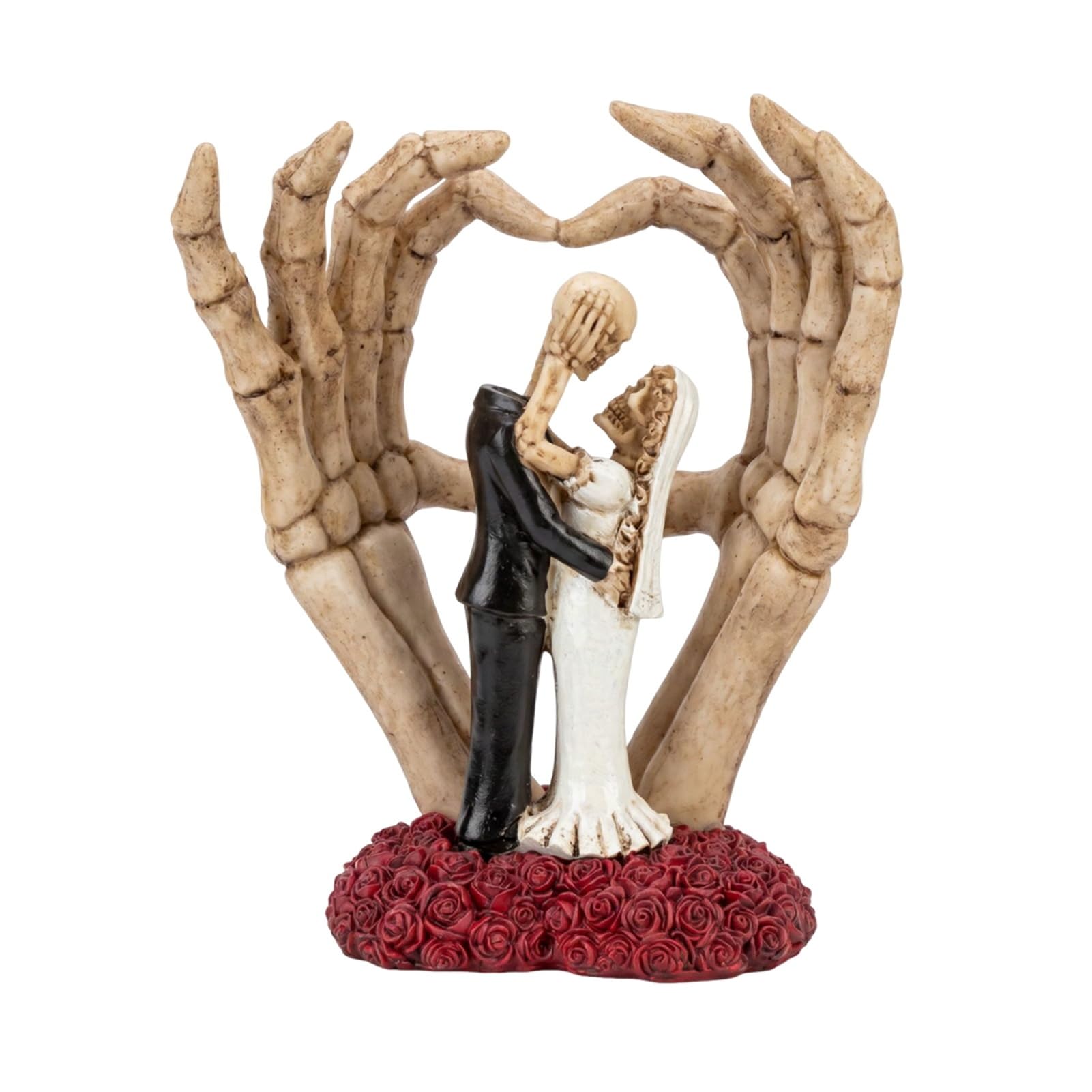 Quoravel Resin Skeleton Couple Figurine with Rose Base, Gothic Skull Wedding Decor, Halloween Ornament for Home Shelf Table A