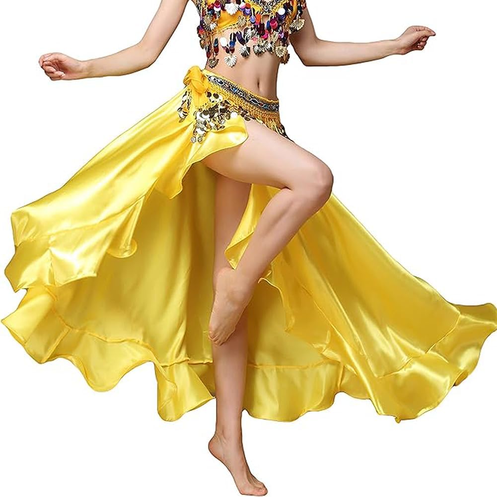 Women Belly Dance Wrap Skirt with Single Split Satin High Waist Performance Skirt for Stage Shows
