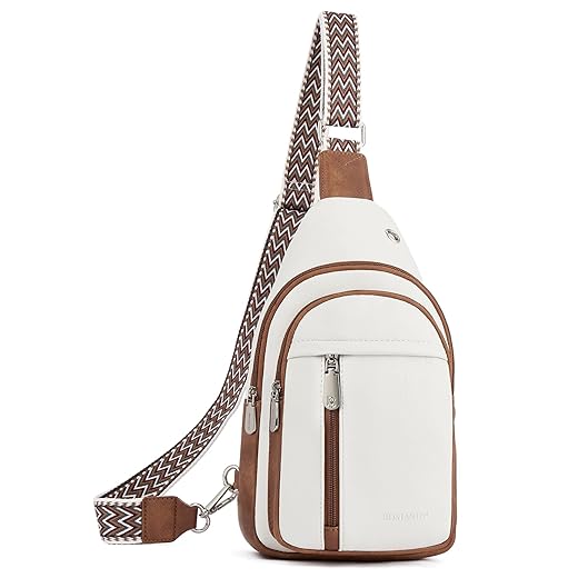 BOSTANTEN Sling Bag Cross Body Bag Trendy Leather Crossbody Purse Chest Bag with Adjustable Guitar Strap for Travel, Camel Brown
