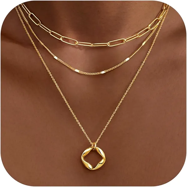 Layered Necklaces for Women,14k Gold Plated Dainty Stackable Choker Necklaces for Women,Trendy Layering Circle Paperclip Chain Pendant Jewelry Set Gifts