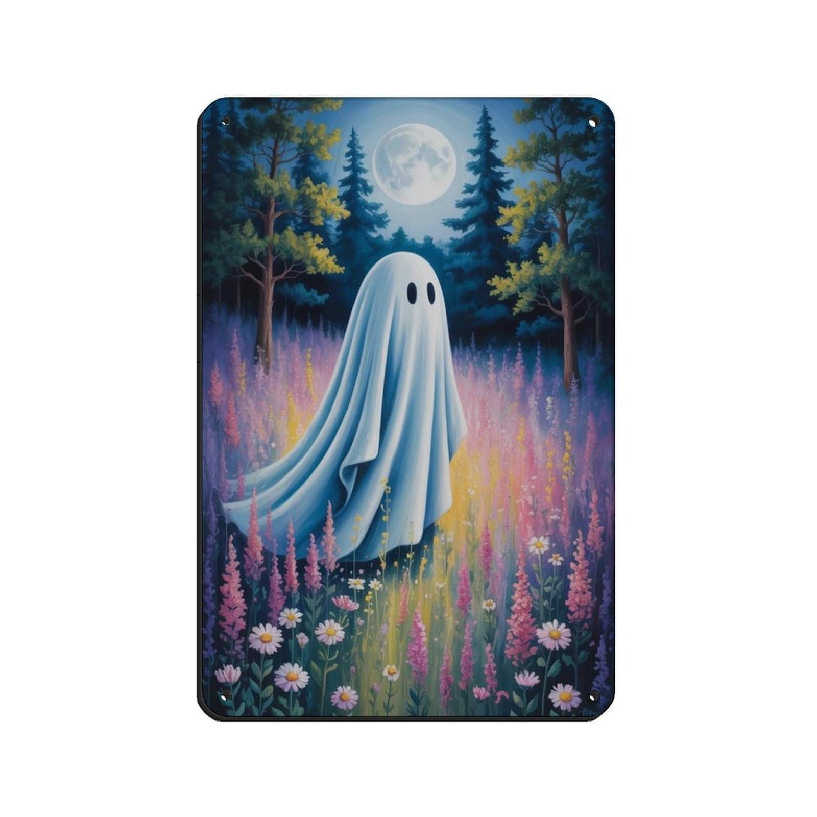 Ghost with Flowers at The Moon Poster Tin Sign Vintage Metal Pub Club Cafe Bar Home Wall Art Decoration Poster Retro 8x12inch(20x30cm)
