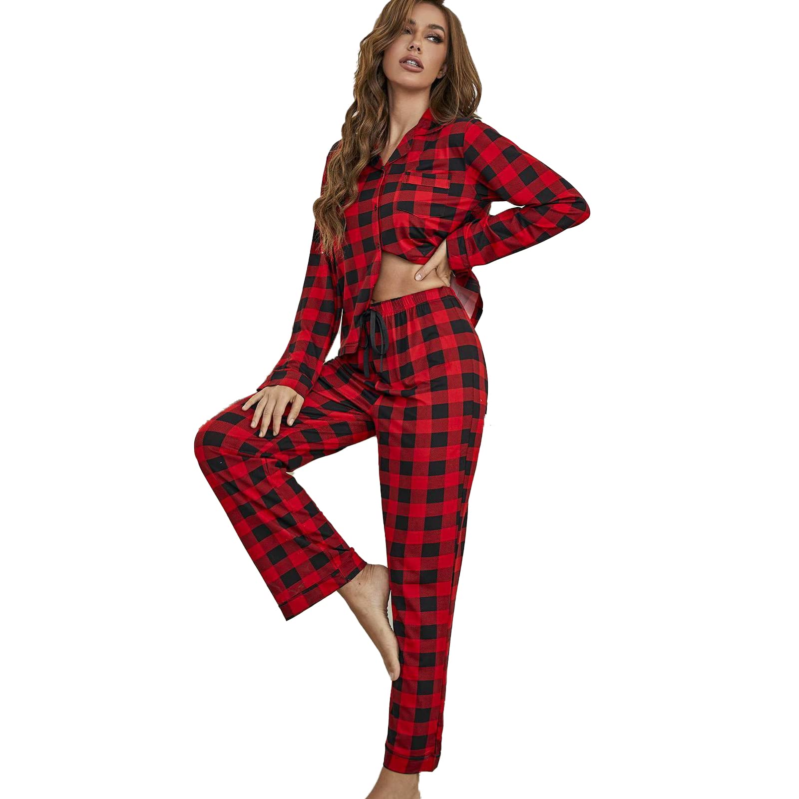 Siatka Loungewear damskie zestawy piżam z długim rękawem, bielizna nocna, miękkie zestawy piżamowe, ultramiękkie, wygodne, dwuczęściowe, czerwone, S (60 kg/165 cm)
