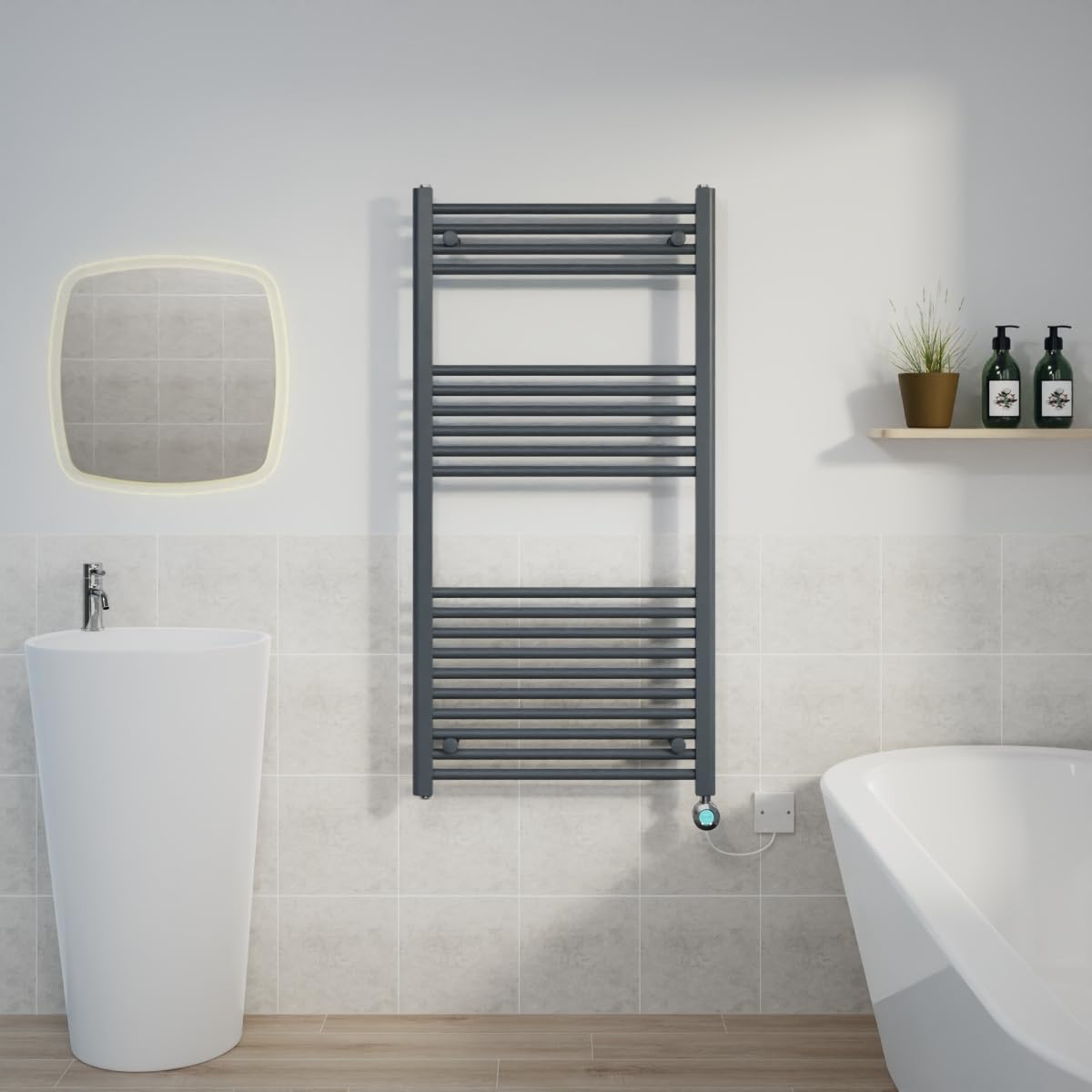 Warmehaus Prefilled 1200x600mm Straight Electric Heated Towel Rail with Timer Thermostatic Bathroom Radiator Anthracite - 600W(Chrome Heating Element) — image 1