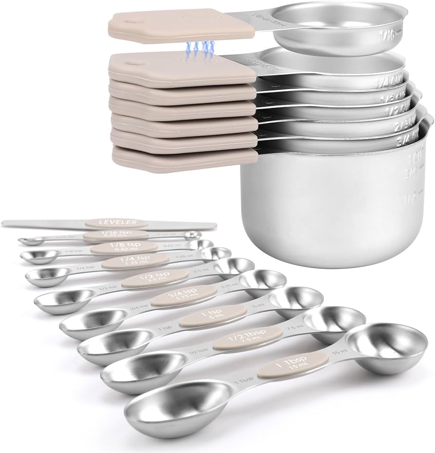 Magnetic Measuring Cups and Spoons Set-Heavy Duty 304 Stainless Steel,Double Measurement Markings,Set of 16 with Leveler for Measure Dry and Liquid Ingredients (khaki)