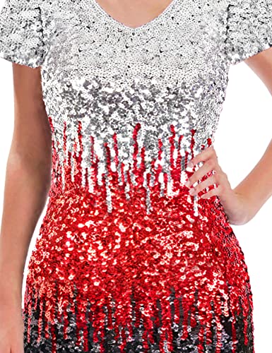 Image of MANER Women's Sequin Glitter Short Sleeve Dress Sexy V Neck Mini Party Club Bodycon Dresses