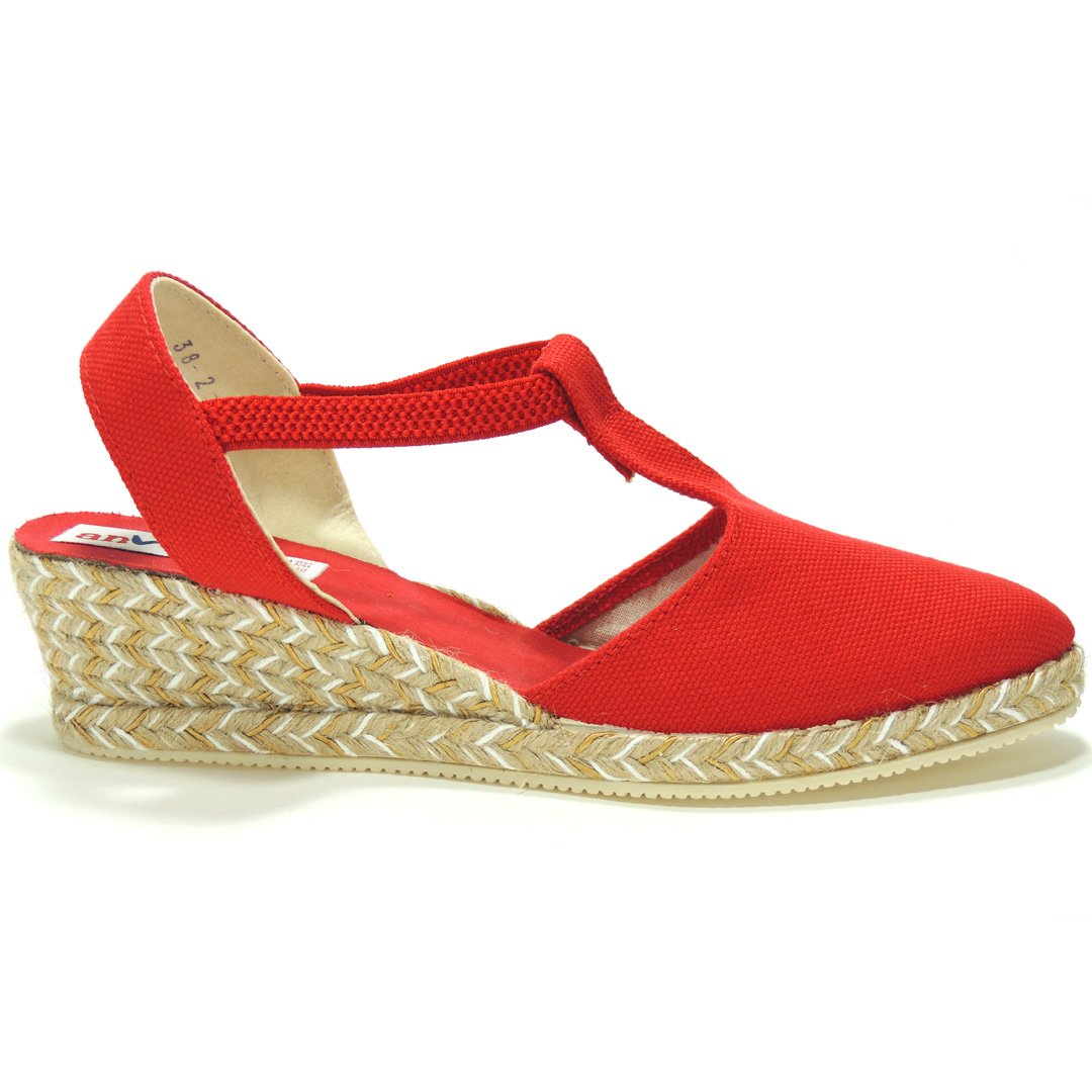 Alpargatas Valencianas Zapatillas para Mujer. Marca ANVESA 419. Cuña de Esparto Cáñamo y Yute - Marca Sevillas - Ajuste con Elástico Rojo Talla 39