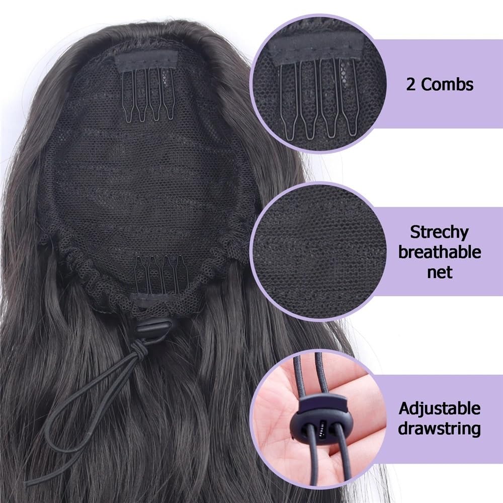 Ponytail Extension 18-Zoll-Pferdeschwanzverlängerung mit Kordelzug, lange, lockige, gewellte Haarteile, synthetischer Pferdeschwanz for Frauen(12H24)