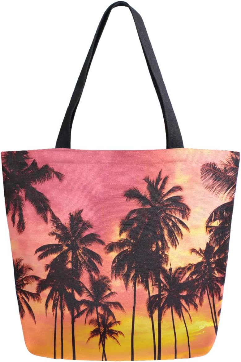 Chic Extra Large Shoulder Grocery Tote Bag, 3d Beautiful Tropical Sunset Beach Palm Trees Print Canvas Reusable Handle Bags for Men Women Gym Weekender Picnic Beach Travel Home Storage Market Shopping