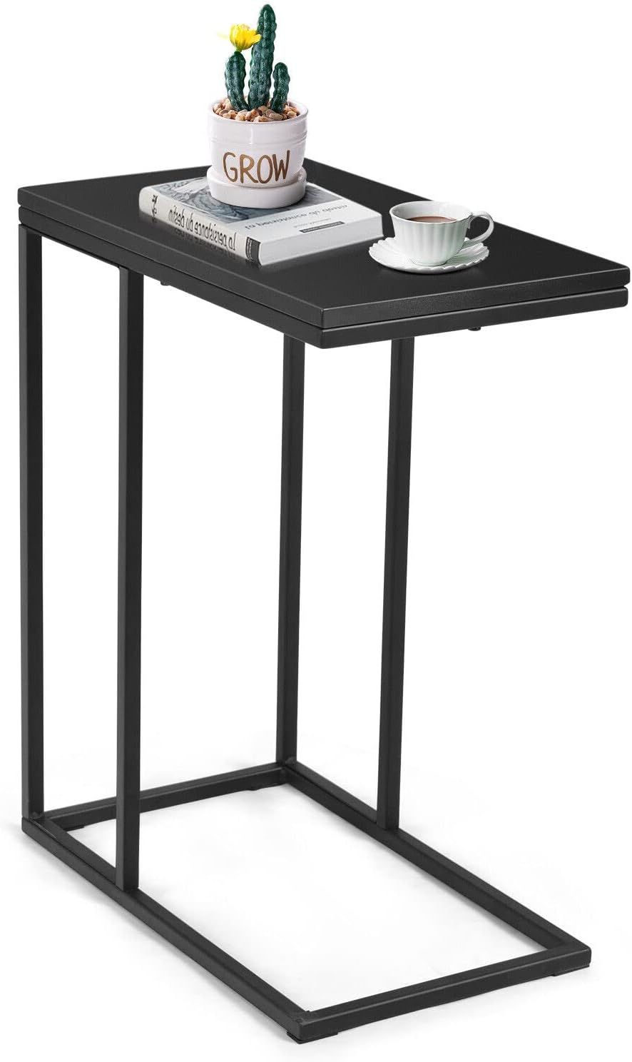Giantex Industrial Narrow End Side Table, Metal C Shaped Frame and Rectangle MDF Tabletop, Black