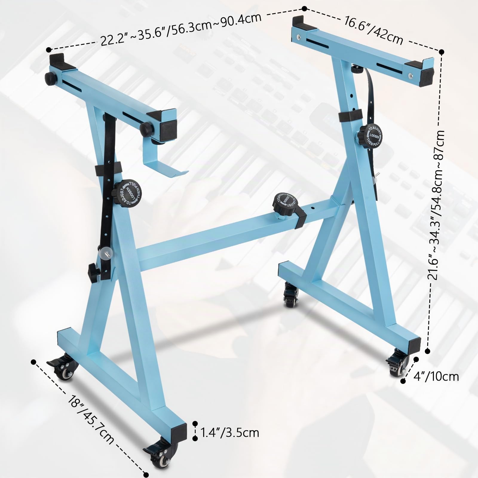 Supporto per Tastiera Pianoforte Regolabile in Altezza da 55 a 87CM, Supporto per Pianoforte a Forma di Z con 4 Ruote Girevoli, Adatto per Pianoforti con 54-88 Tasti, Capacità di Carico 160KG (Blu)