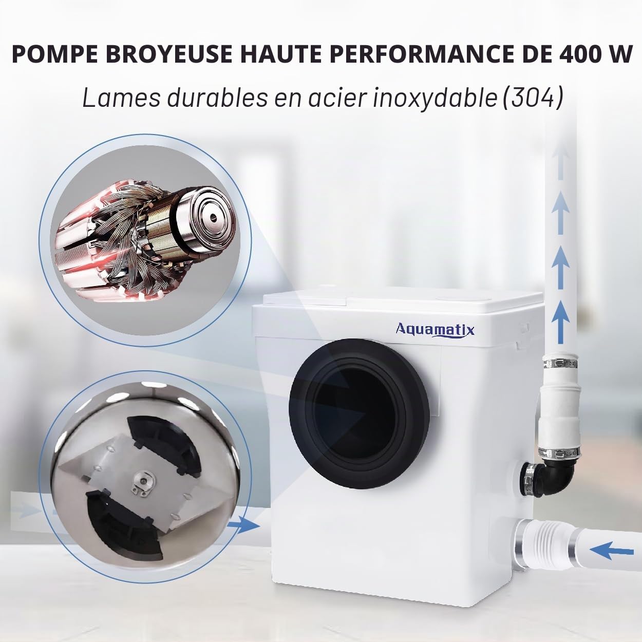 Aquamatix Cubo 400W Broyeur Sanitaire 110L/min Pompe de Relevage avec filtre à charbon 3 entrées pour toilettes, éviers et baignoires, Distance de pompage verticale de 8m