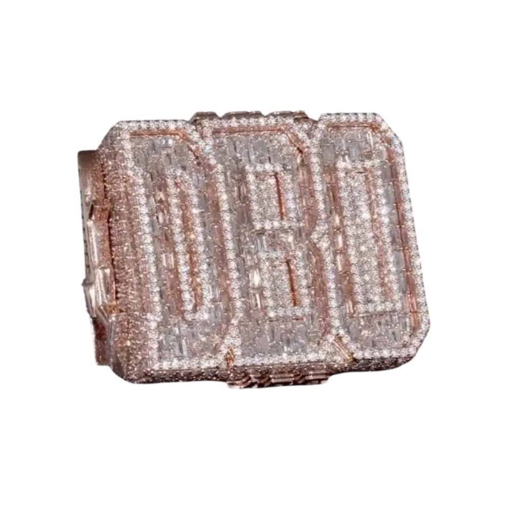 Full Iced Out VVS1 Moissanite Diamond Luxurious Custom Initial Letter Name Hip Hop Style Bling Men's Championship Ring 14K Rose Gold Over 925 Silver Handmade Bust Down Rapper's Jewelry