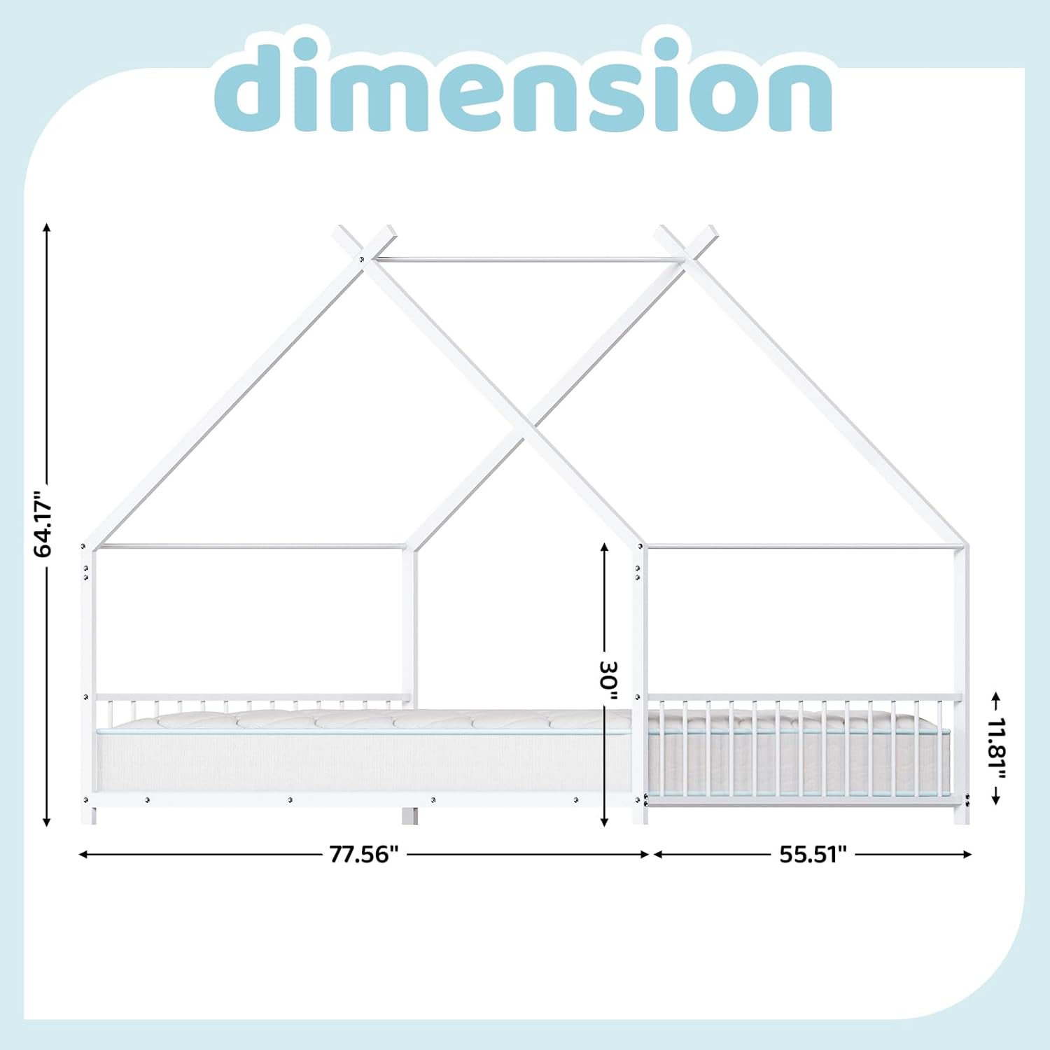 Karl home Full Size Toddler Floor Bed, Metal Montessori Bed with Slats & Fence, Roof/House/Canopy Bed Frame for Girls, Boys, No Box Spring Needed, White