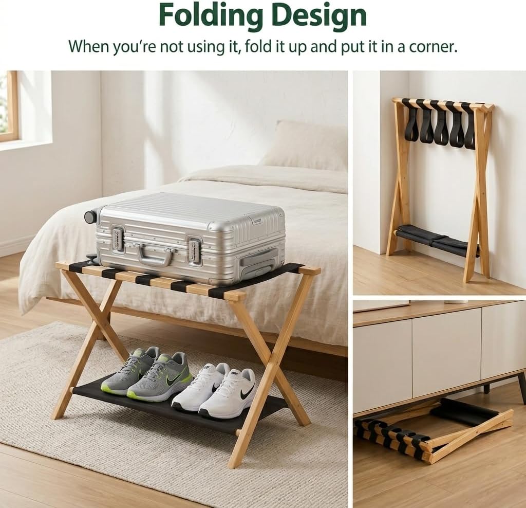 Luggage Rack, Fully Assembled Bamboo Suitcase Stand with Fabric Shelf, Heavy Duty Foldable Luggage Holder, No Assembly Required for Guest Room Bedroom Hotel,Natural