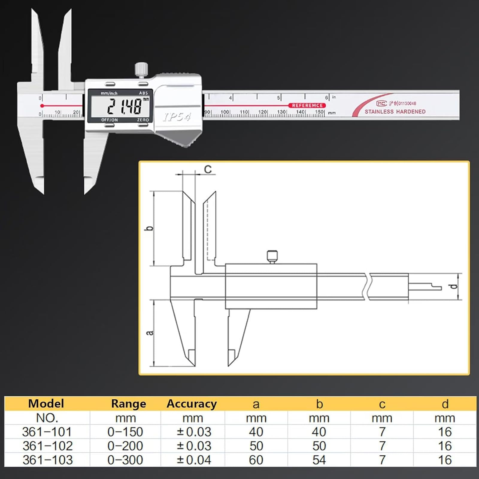 Digital Messschieber 300 mm mit extra langen Messspitzen, Langkiefer Schieblehre Digitales Messwerkzeug mit großem LCD-Display, metrisch/imperial, Edelstahl (0-300mm)