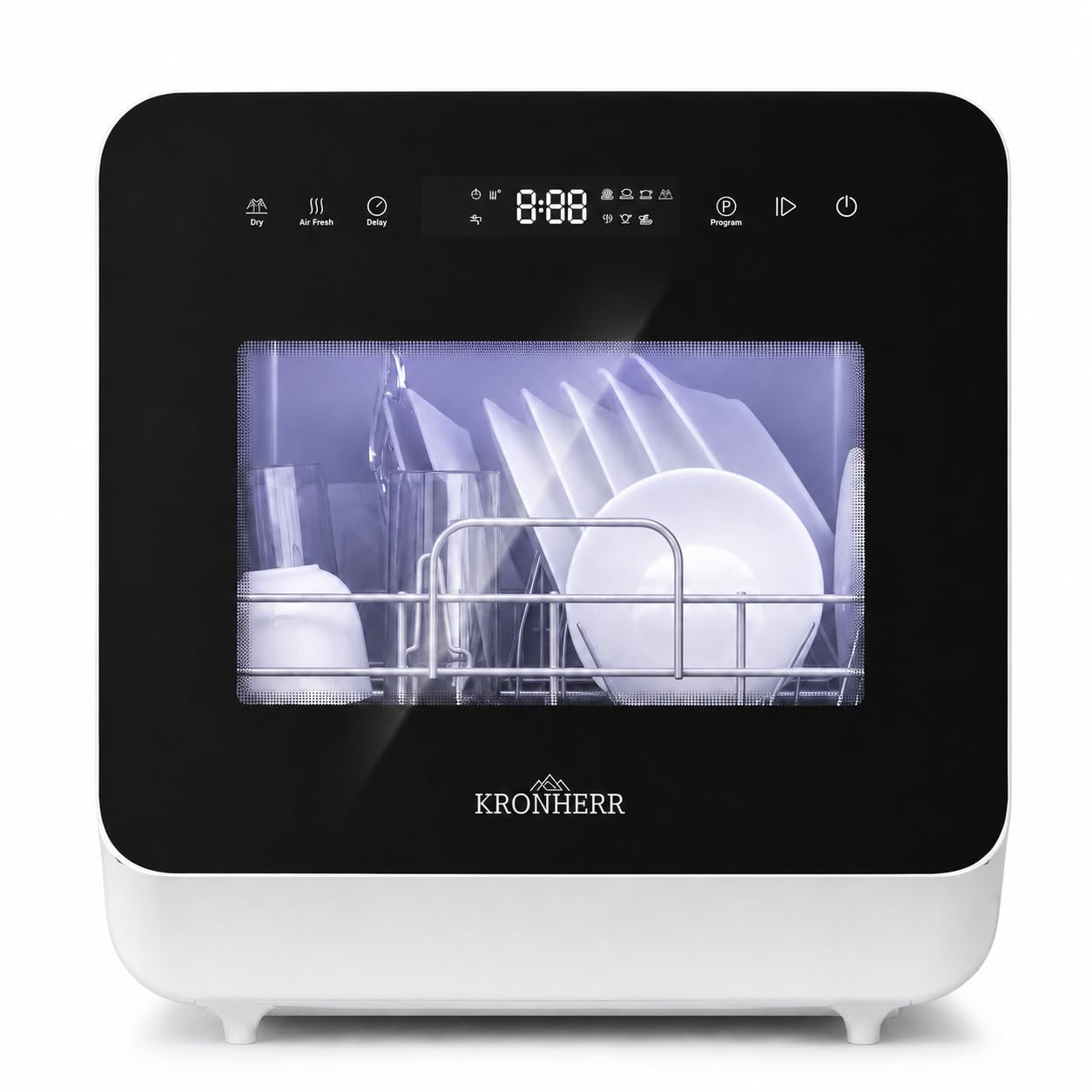 TurboTop Compacta Mini‑Tischgeschirrspüler 5L mit Tank, Weiß mit schwarzer Glasfront – Touch‑Display, 6 Programme (inkl. Trocknen) + Air‑Fresh, Startzeitvorwahl, Sichtfenster, Geschirrkorb