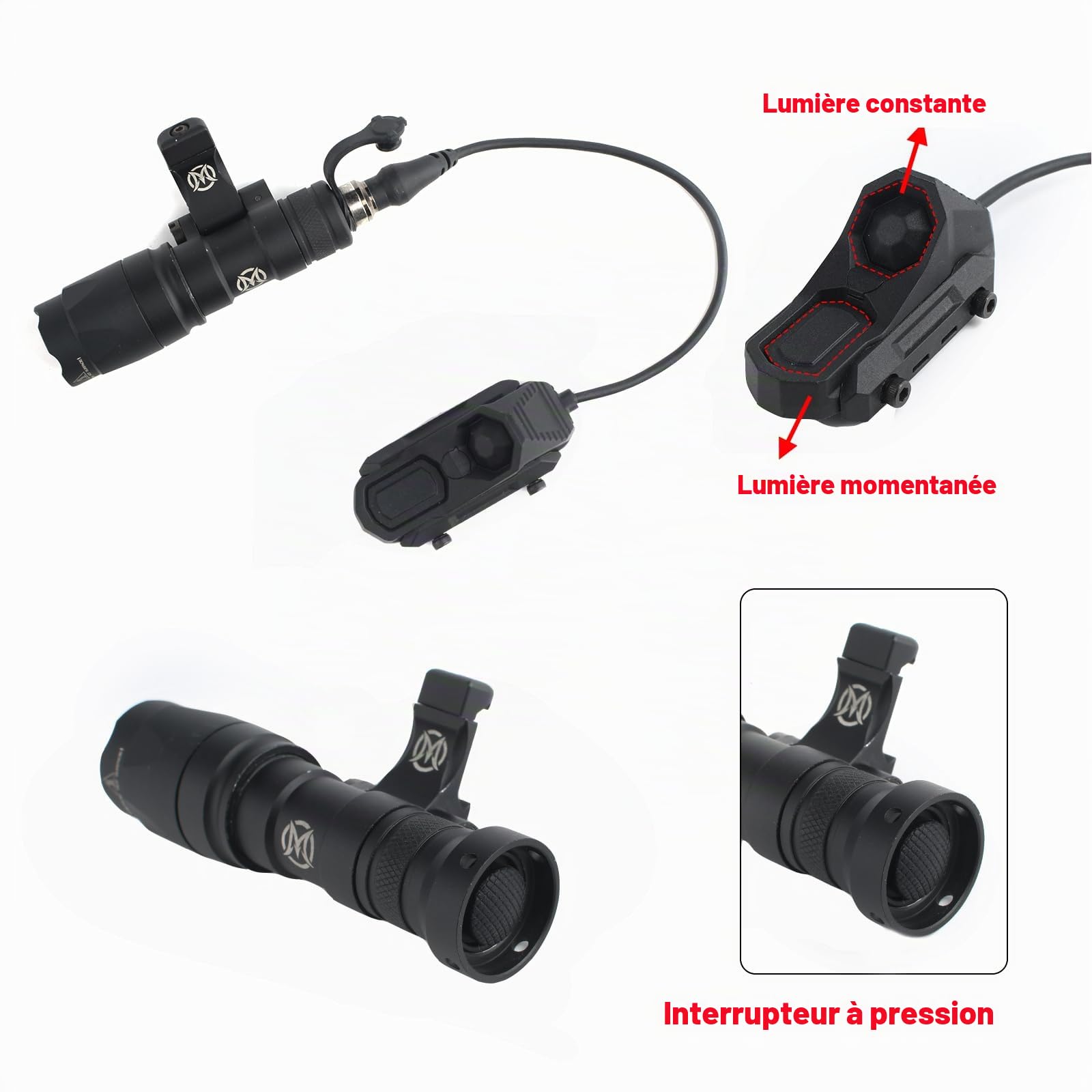 M340A Lampe de Poche Fixe Tactique, 600 Lumens Lampe LED Torche | Avec Coussin de Pression et Double Bouton de Queue pour Système MLOK/Keymood/20mm à Rail,Noir