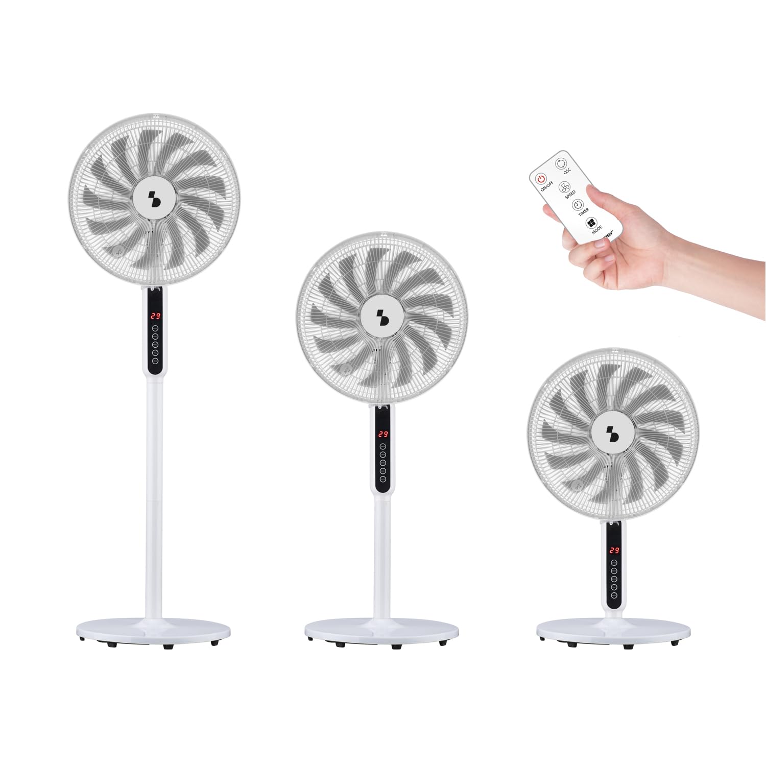 BEPER P206VEN154 Ventilatore a Piantana 13 Pale con Telecomando, 41 cm, 3 Velocità e 3 Modalità, Timer 12h, Oscillante, Altezza Regolabile 70-130 cm, Display Digitale